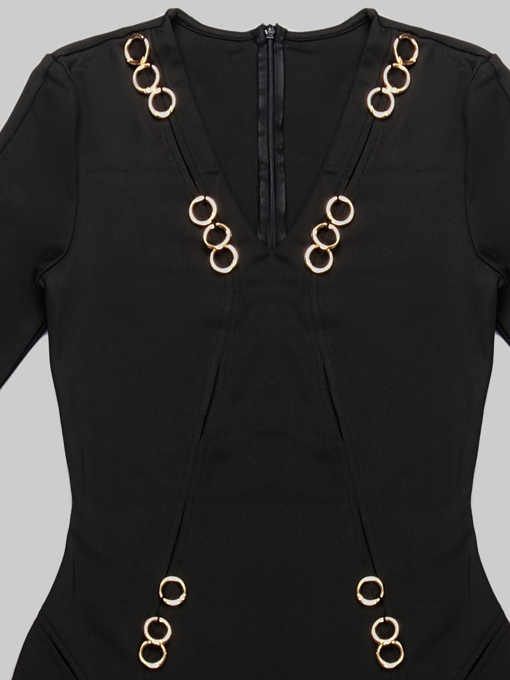Black V-Neck Gold Ring Cutout Long Sleeve High Slit Bodycon Maxi Dress