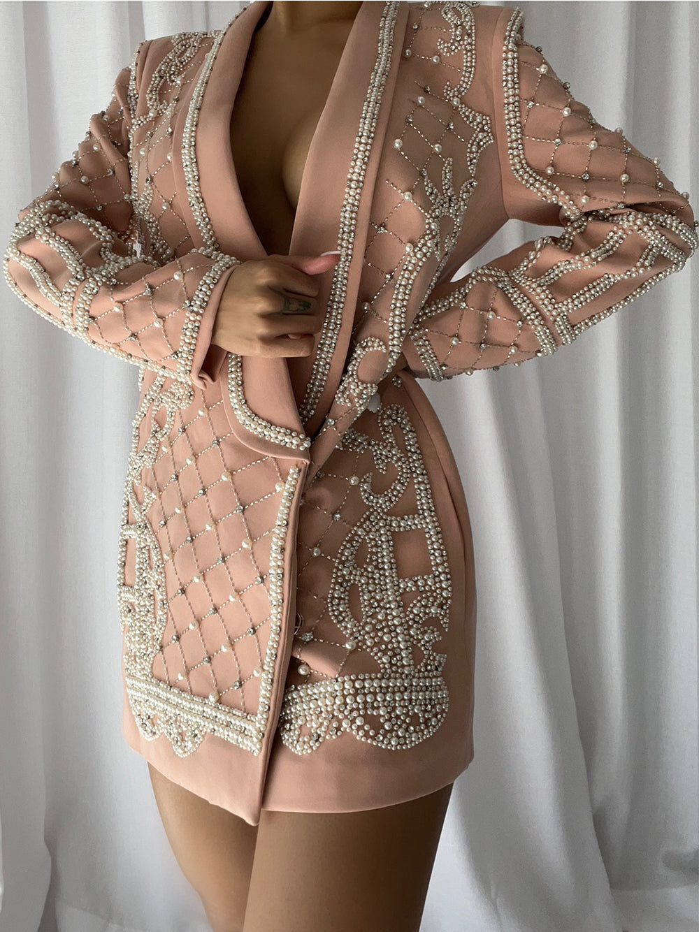 Nude Shawl Lapel Pearl Rhinestone Embellished Blazer Mini Dress 8