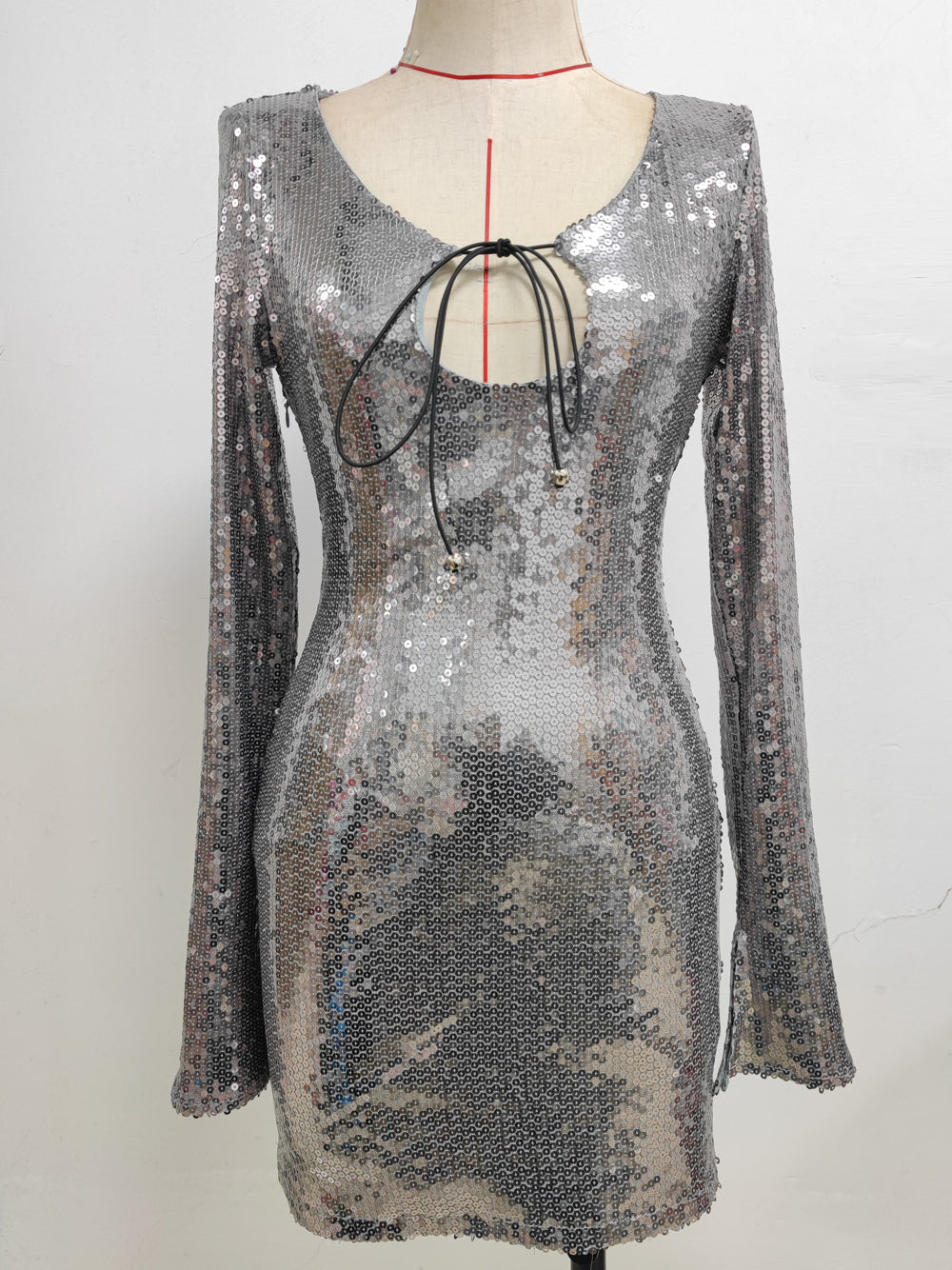 Silver Plunge Neck Sequin Long Sleeve Bodycon Mini Dress