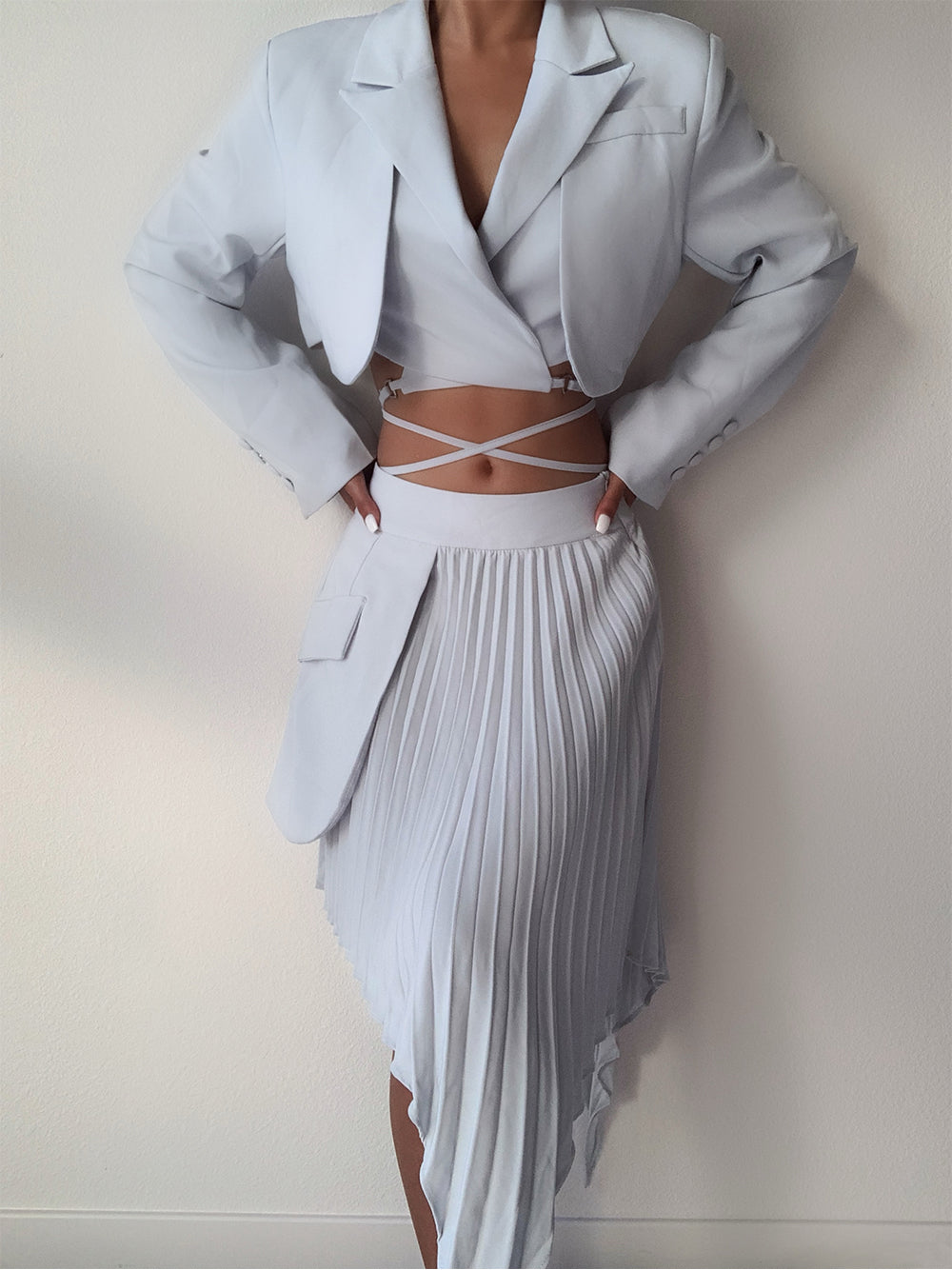 Light Blue Cropped Lace-Up Blazer and Pleated Asymmetric Skirt Set