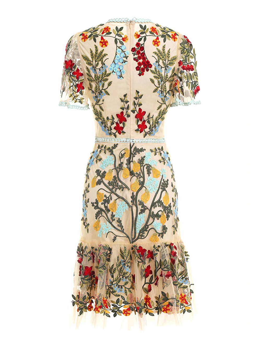 Apricot Round Neck Floral Embroidered Scalloped Trim Sheer Mesh Midi Dress 6
