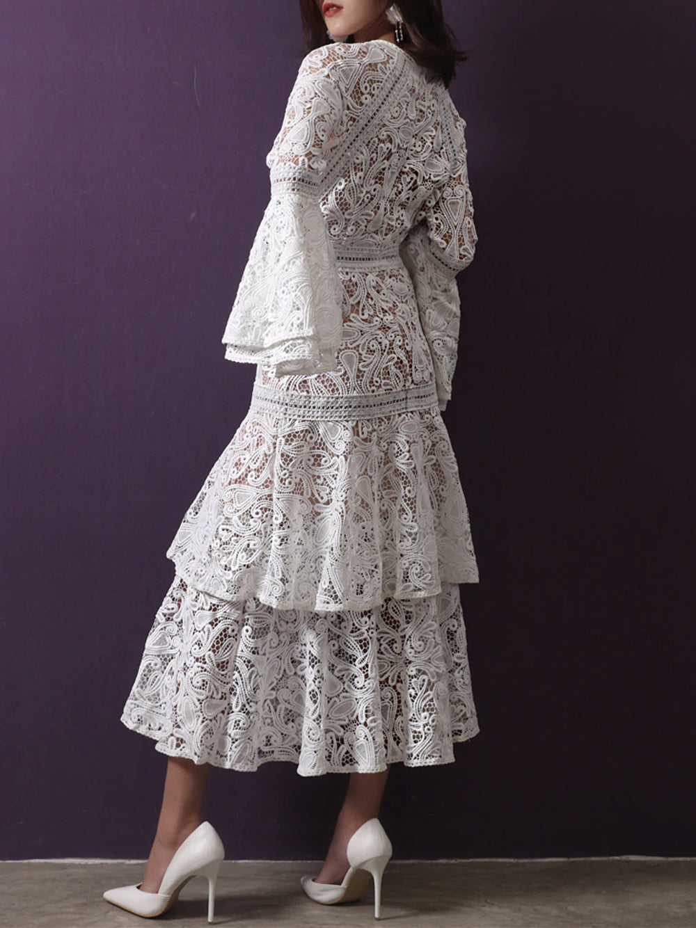 White Round Neck Bell Sleeve Crochet Lace Tiered A-Line Midi Dress