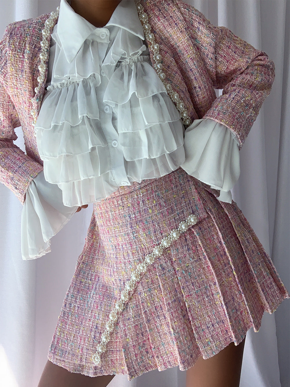 Pink Pearl Trim Tweed Jacket And Pleated Skirt Set