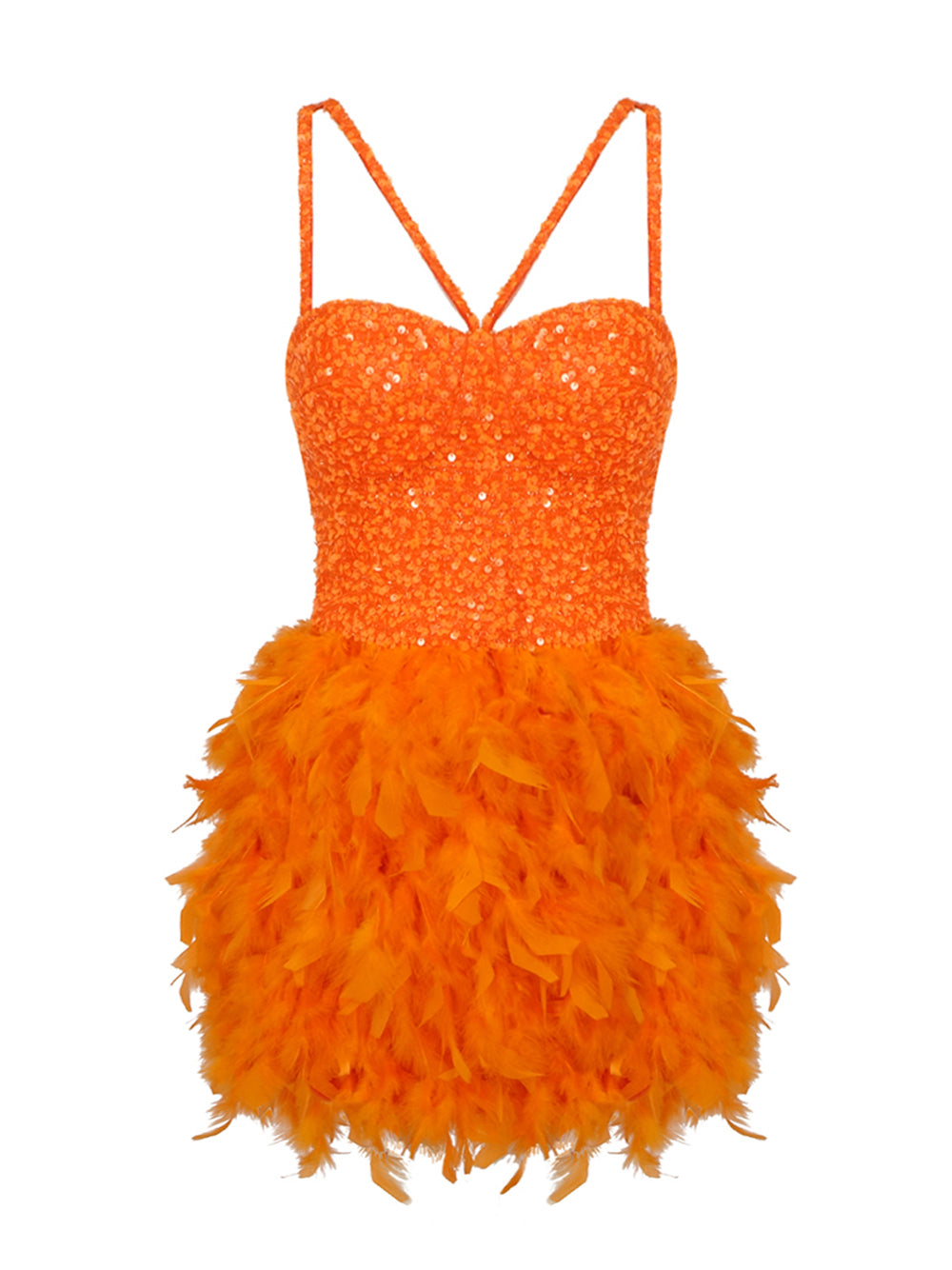 Orange Sweetheart Strappy Sequin Bodice Feather A-Line Mini Dress