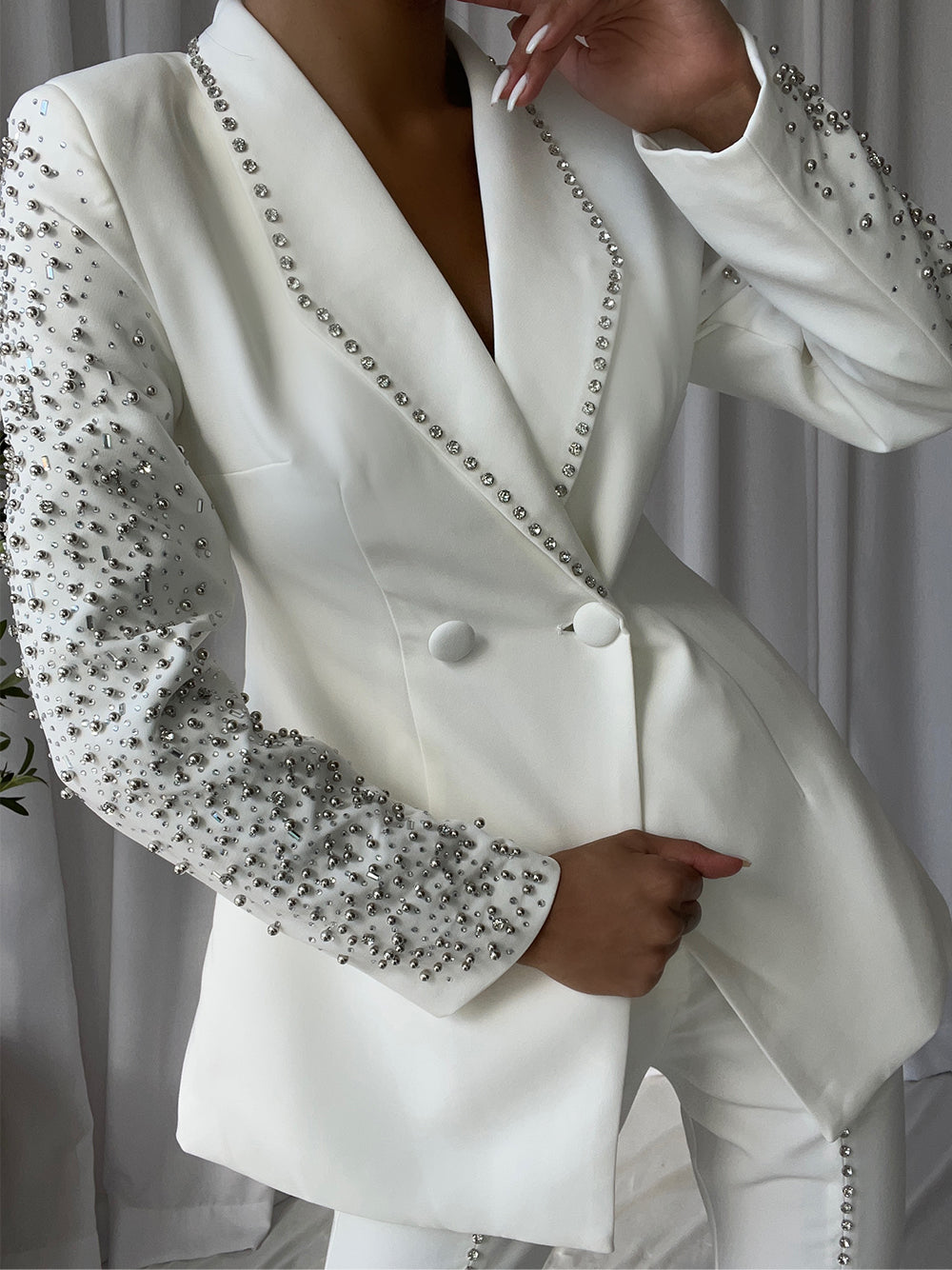 White Shawl Lapel Crystal Beaded Blazer Top Pants Set 7