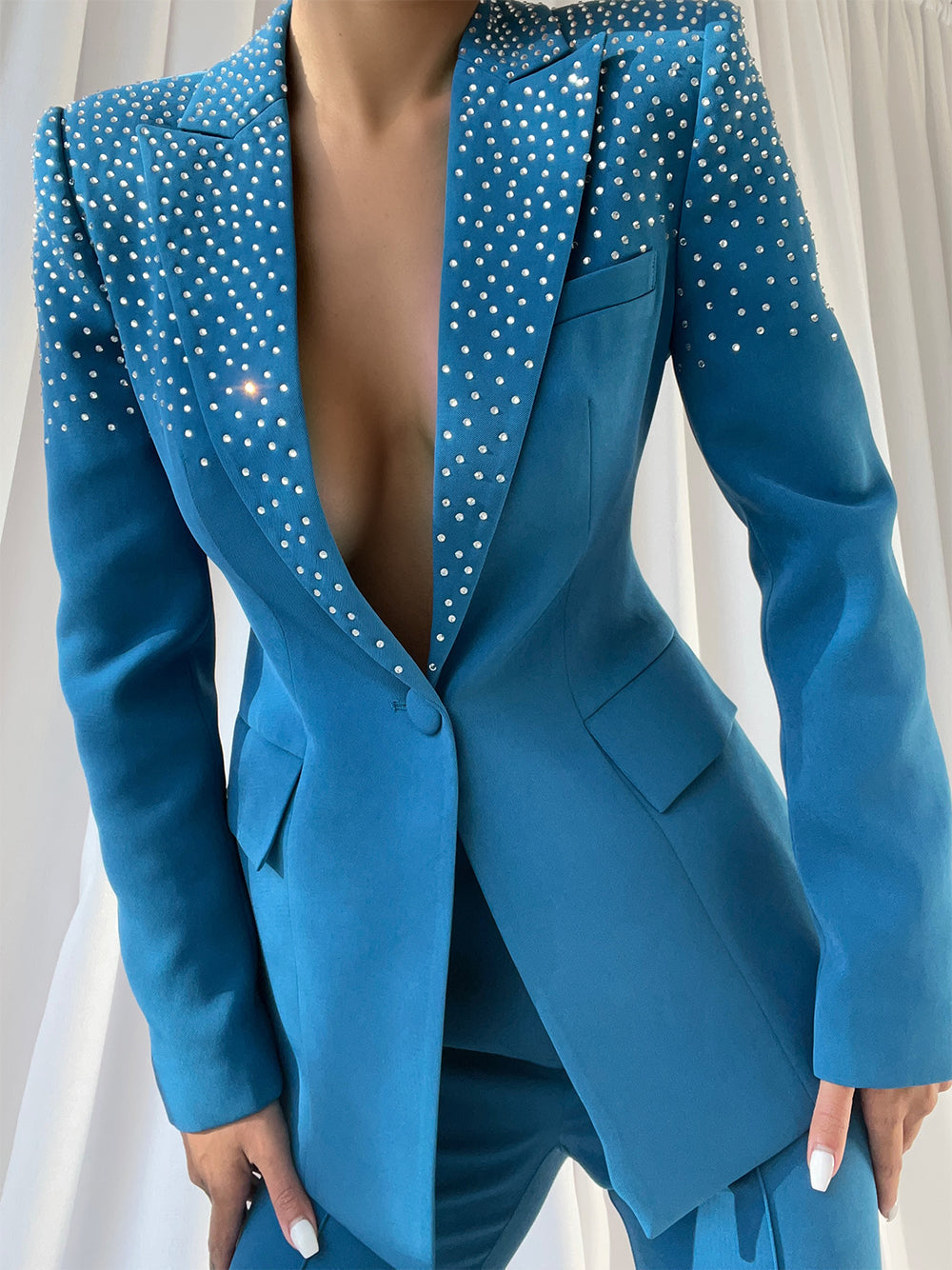 Blue Peak Lapel Rhinestone Embellished Blazer Pants Set 3