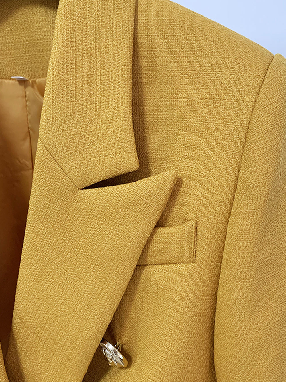 Mustard Peak Lapel Gold Button Double-Breasted Fitted Blazer 3
