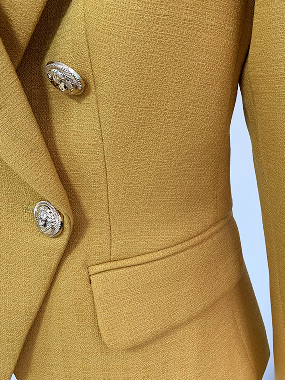 Mustard Peak Lapel Gold Button Double-Breasted Fitted Blazer 6