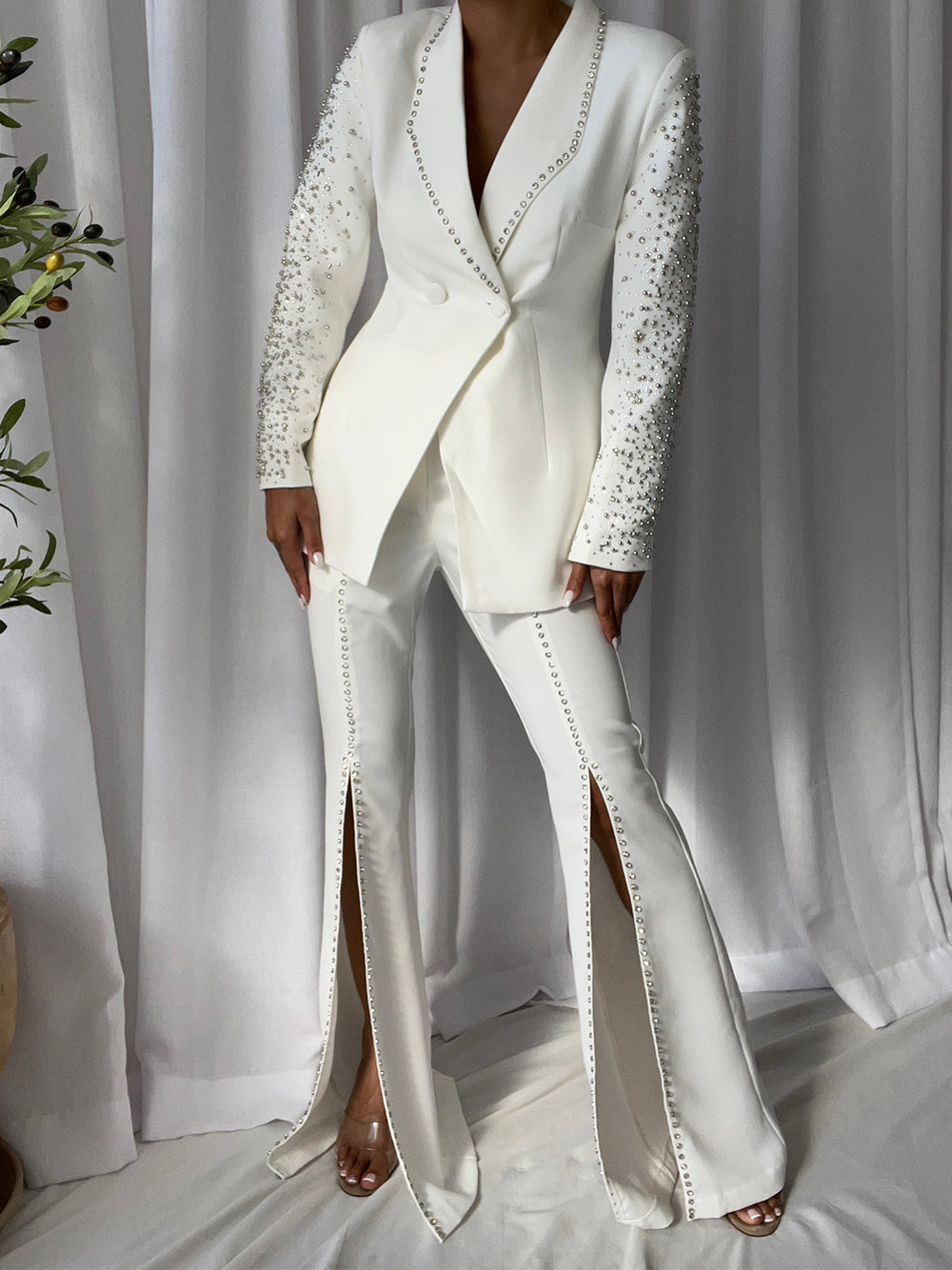 White Shawl Lapel Crystal Beaded Blazer Top Pants Set 5