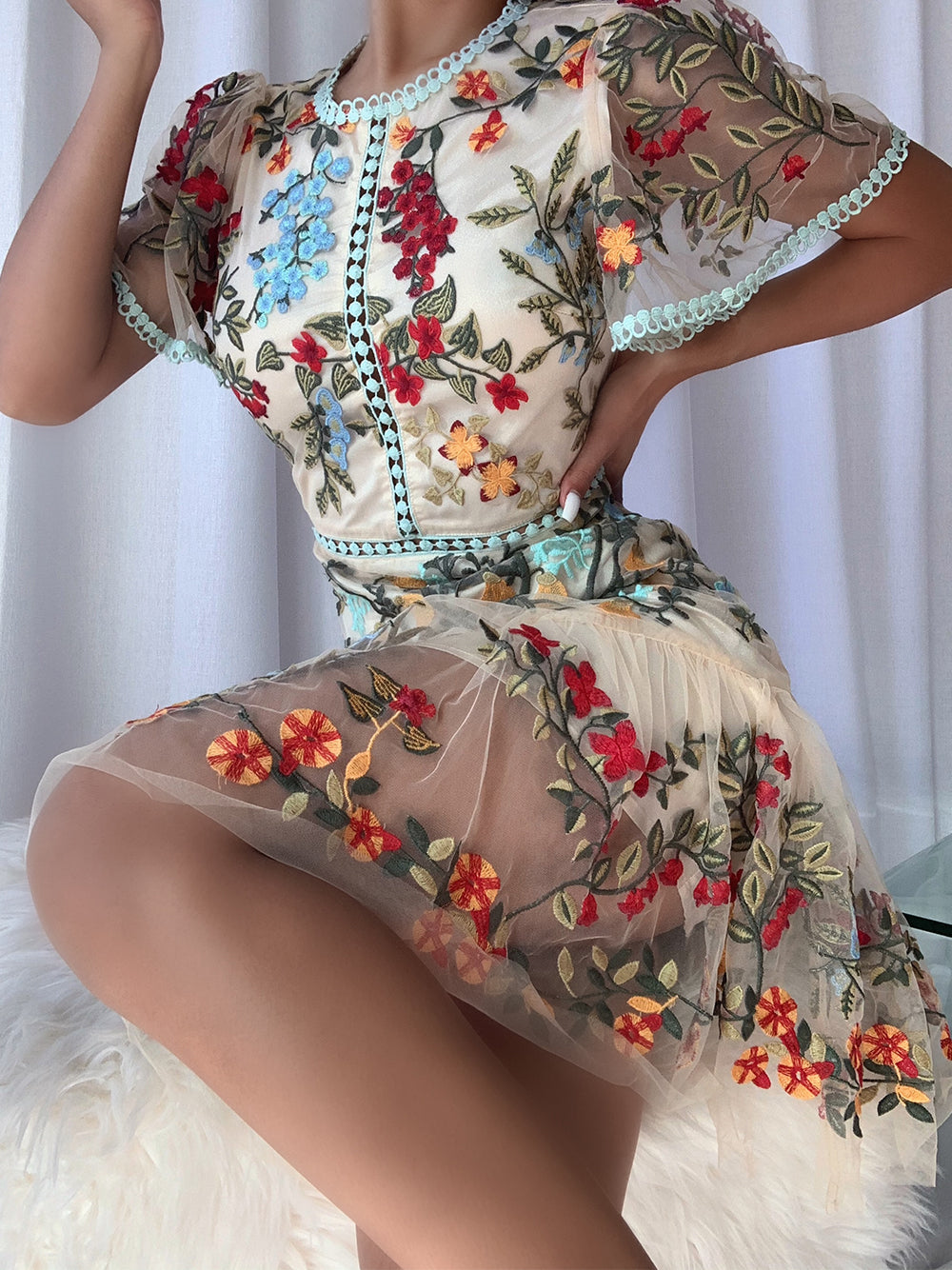 Apricot Round Neck Floral Embroidered Scalloped Trim Sheer Mesh Midi Dress 4
