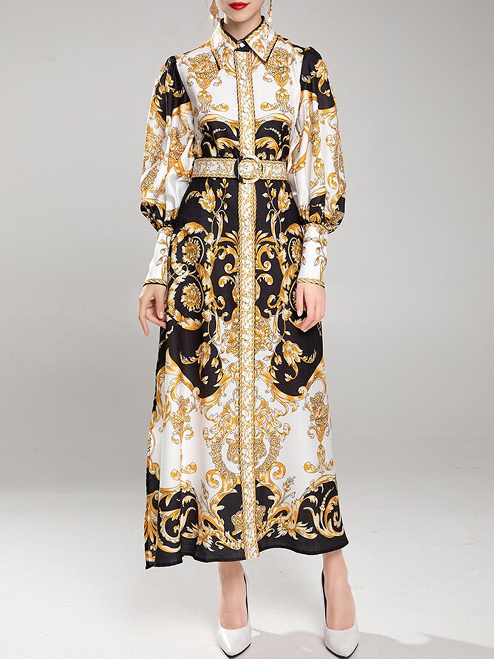 Gold Collared Baroque Print Long Sleeve High Slit Shirt Maxi Dress 8