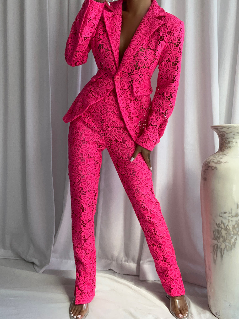 Fuchsia Notch Lapel Floral Lace Blazer And Pants Set 3
