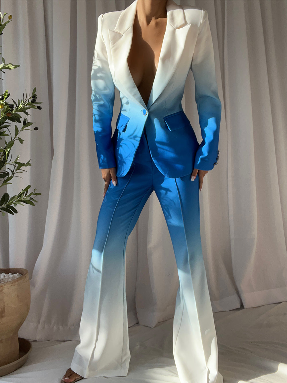 Blue Peak Lapel Ombre Blazer and Flared Pants Set