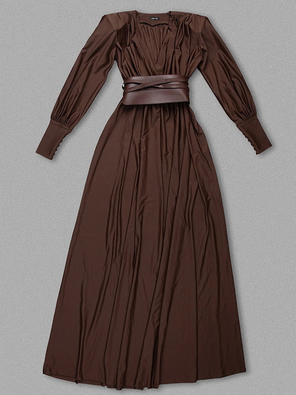 Brown Plunge V-Neck Ruched Crossover Waist Long Sleeve A-Line Maxi Dress