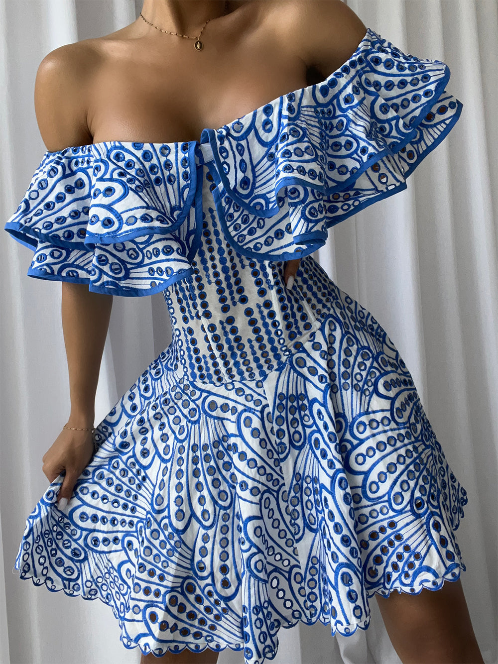Off-Shoulder Ruffle Eyelet Embroidered Scallop Hem Flared Mini Dress 3