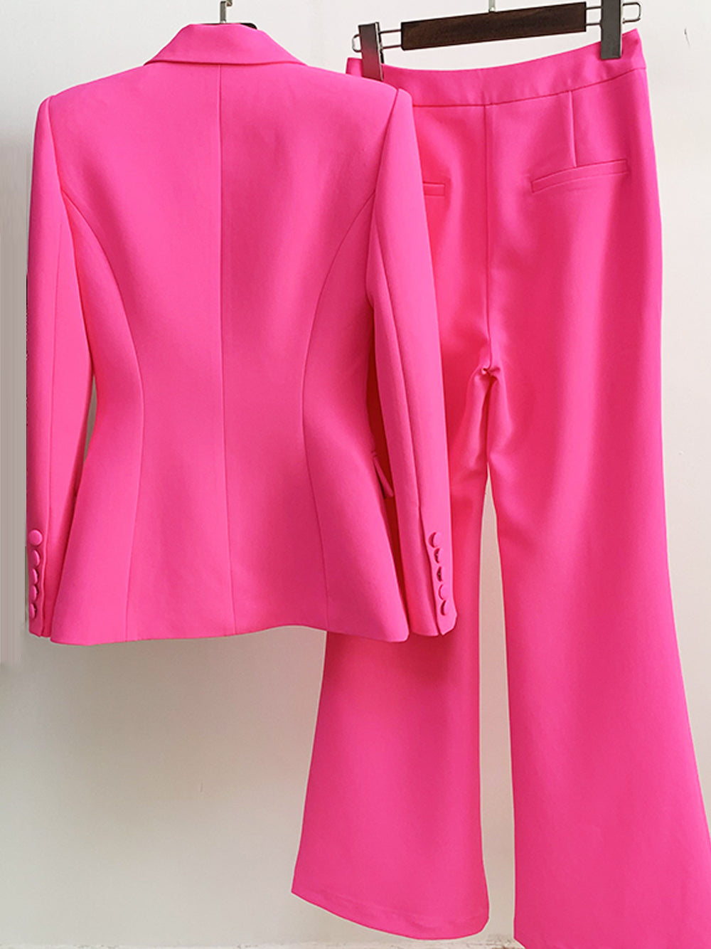 Fuchsia Peak Lapel Plunge Blazer and Flared Pants Set