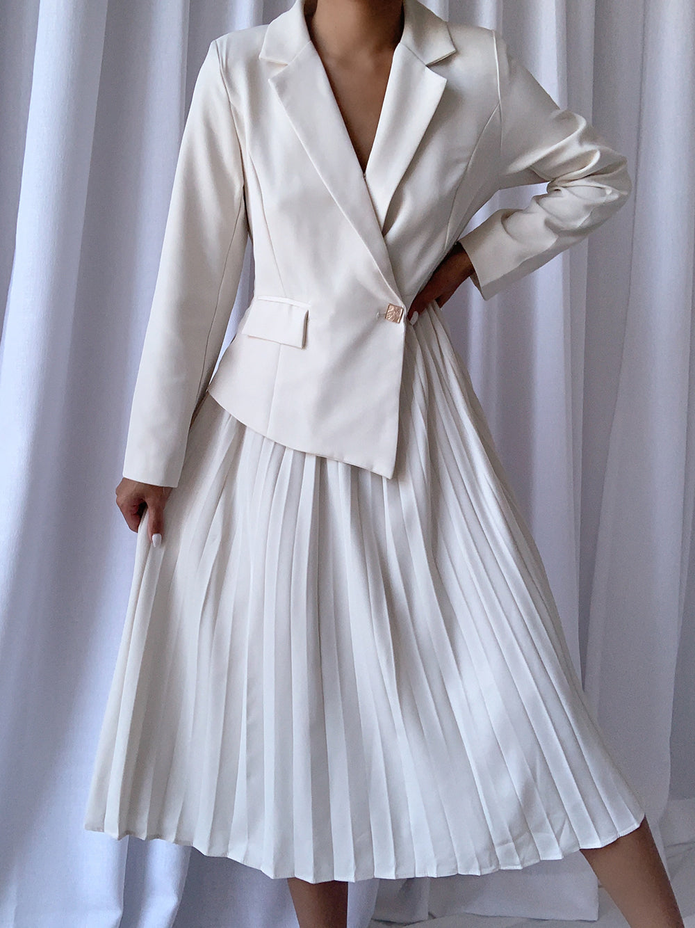 Lapel Collar Long Sleeve Belted Blazer Pleated A-Line Midi Dress 5