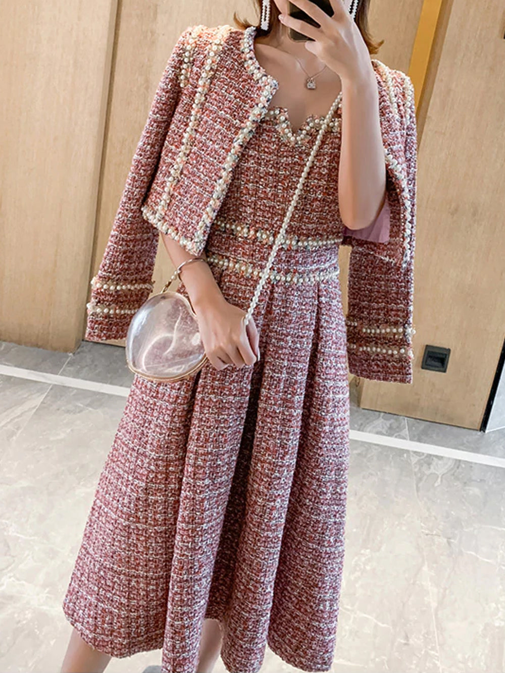 Pink Pearl Trim Tweed Jacket Slip Dress Set