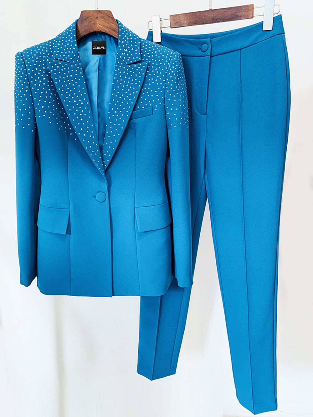 Blue Peak Lapel Rhinestone Embellished Blazer Pants Set 15