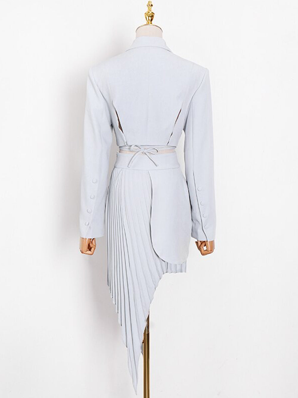 Light Blue Cropped Lace-Up Blazer and Pleated Asymmetric Skirt Set 12
