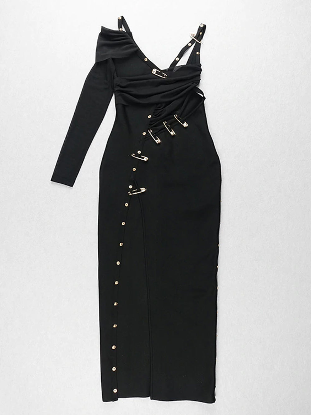 Black One Shoulder Long Sleeve Safety Pin High Slit Bodycon Midi Dress 17