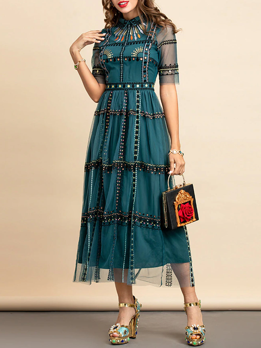 Green Collared Embroidered Sequin Mesh Short Sleeve A-Line Maxi Dress 6