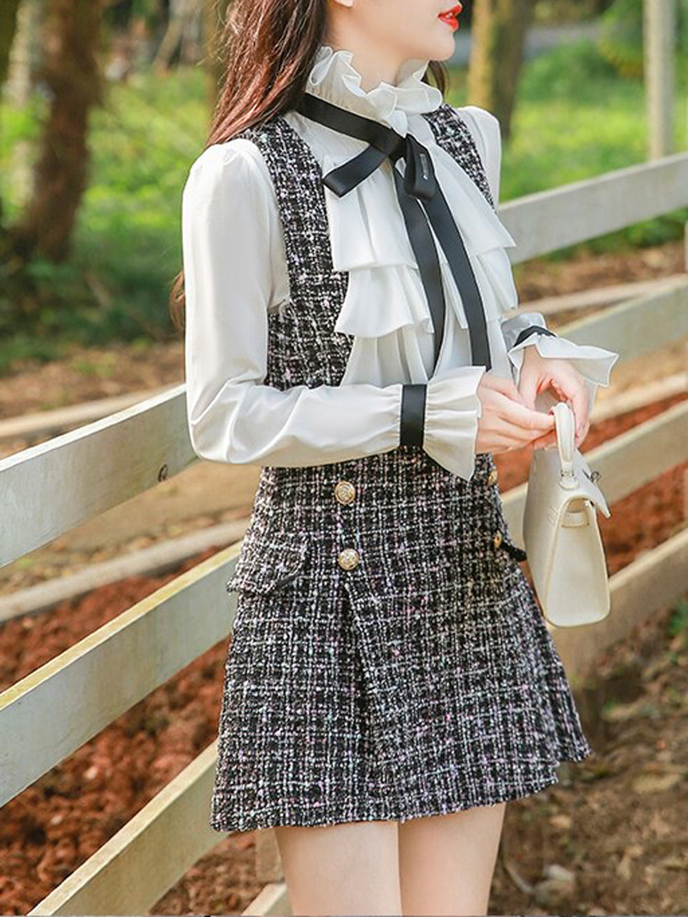 Gray Ruffle Bow Blouse and Tweed Pinafore Mini Dress Set