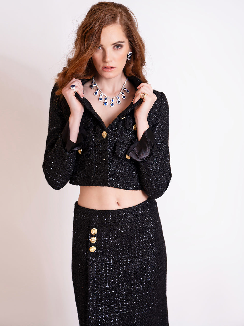Black Gold Button Tweed Cropped Jacket and Fringe Skirt Set