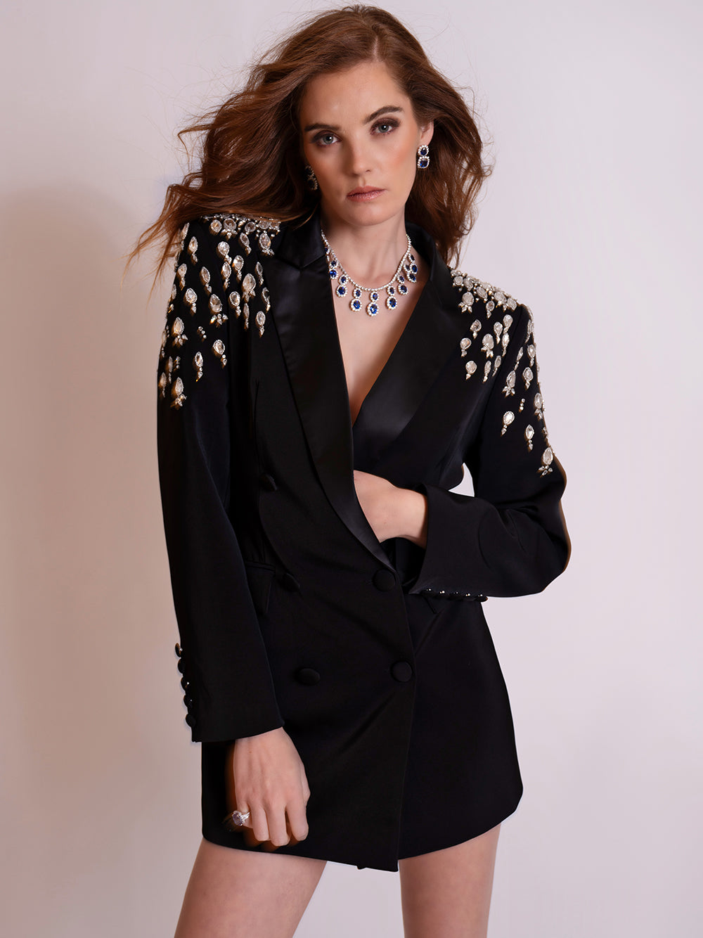 Black Peak Lapel Crystal Embellished Double-Breasted Blazer Mini Dress 8