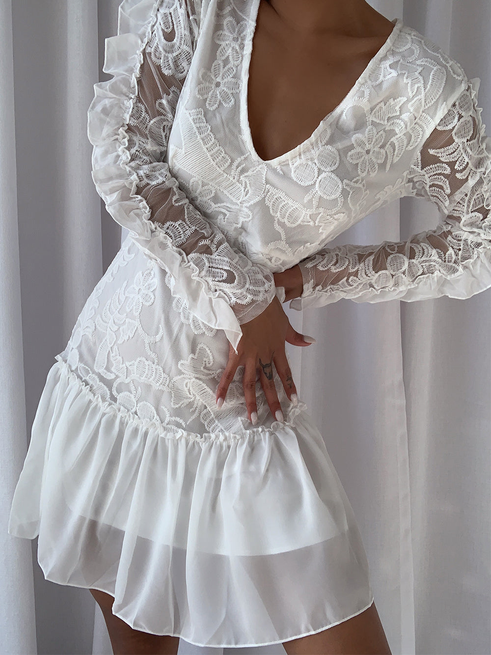 White V-Neck Floral Lace Long Sleeve Ruffle Hem Mini Dress
