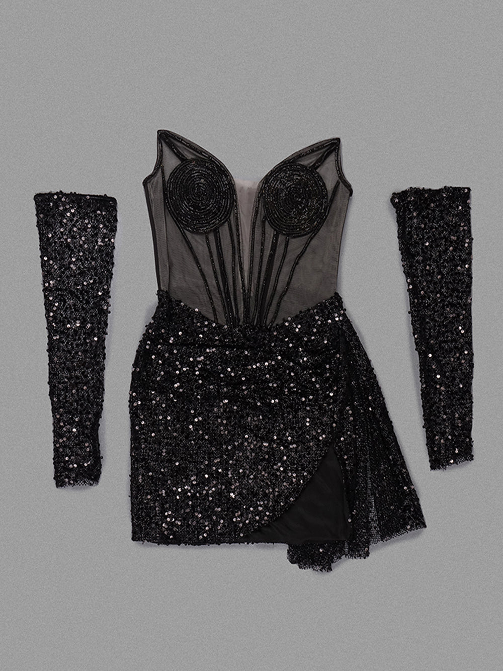 Black Strapless Sequin Mesh Corset Ruched Bodycon Mini Dress