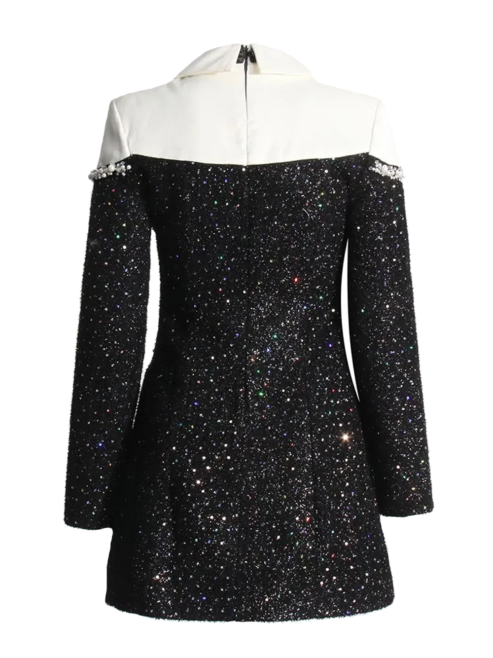 Black Collared Long Sleeve Pearl Trim Sequin Blazer Mini Dress 2