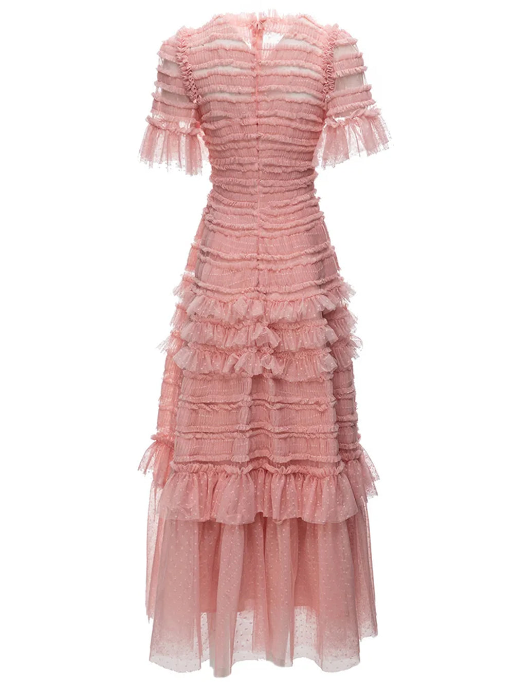 Pink Round Neck Short Sleeve Tiered Ruffle Tulle A-Line Maxi Dress