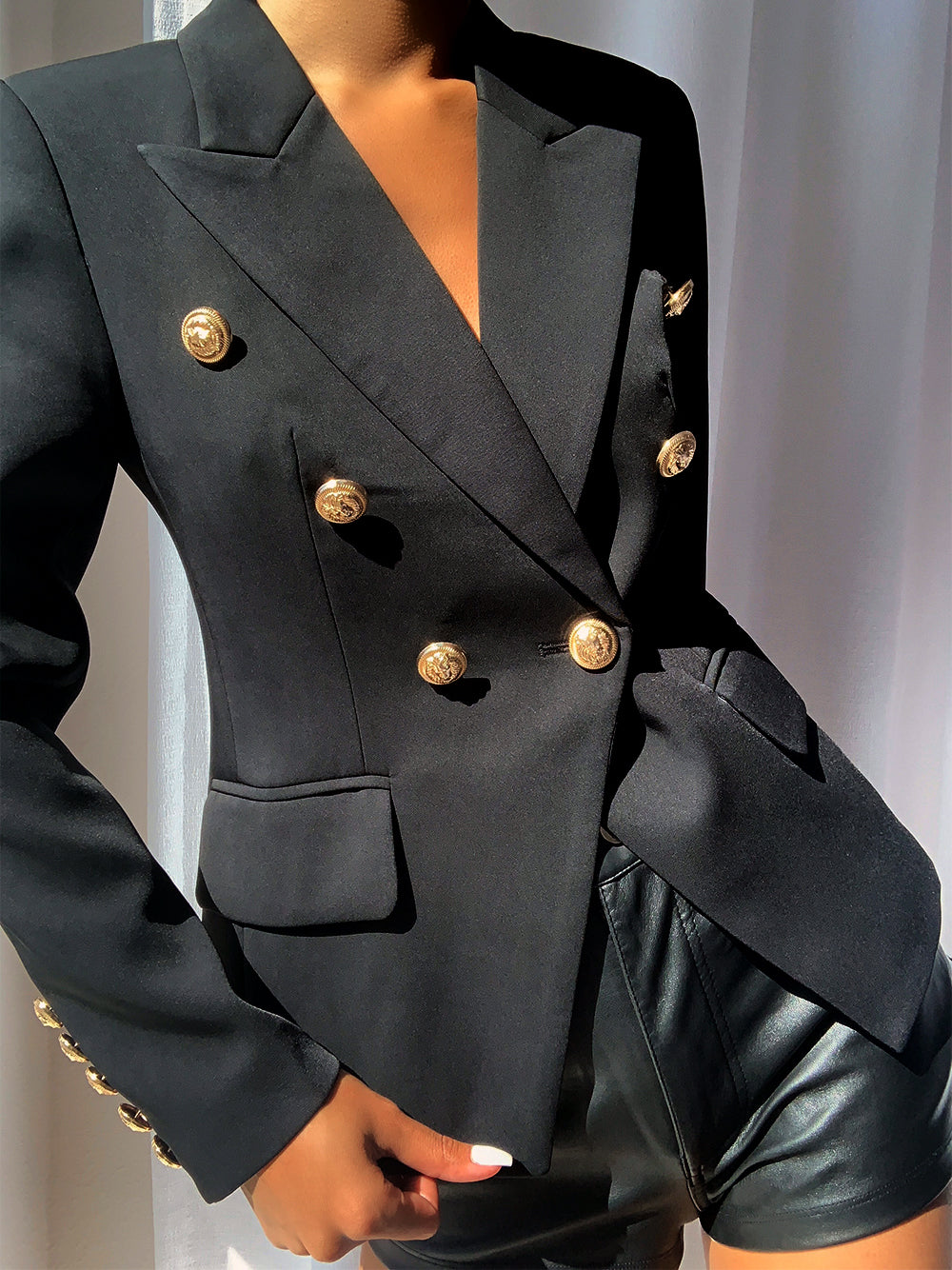 Black Peak Lapel Gold Button Double-Breasted Fitted Blazer 5