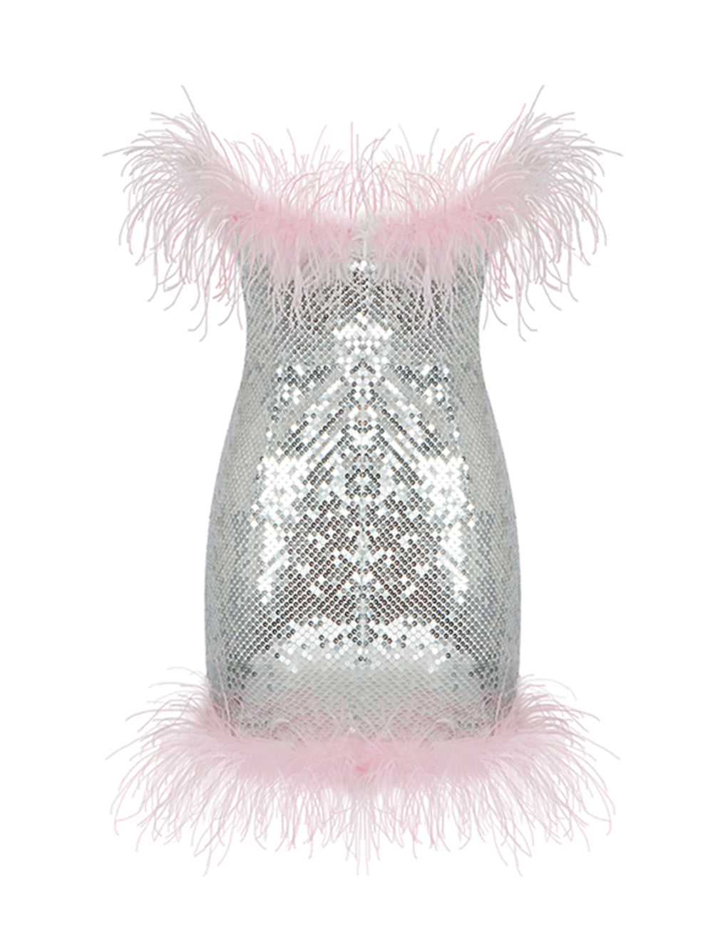 Silver Strapless Sequin Feather Trim Bodycon Mini Dress 2