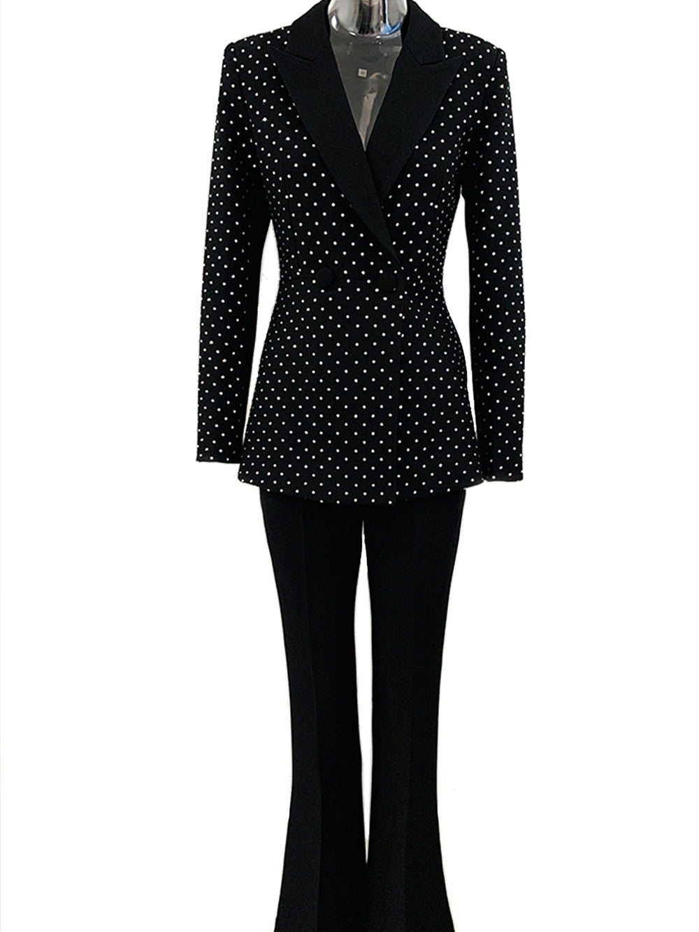 Black Rhinestone Studded Notch Lapel Blazer Flare Pants Set 10