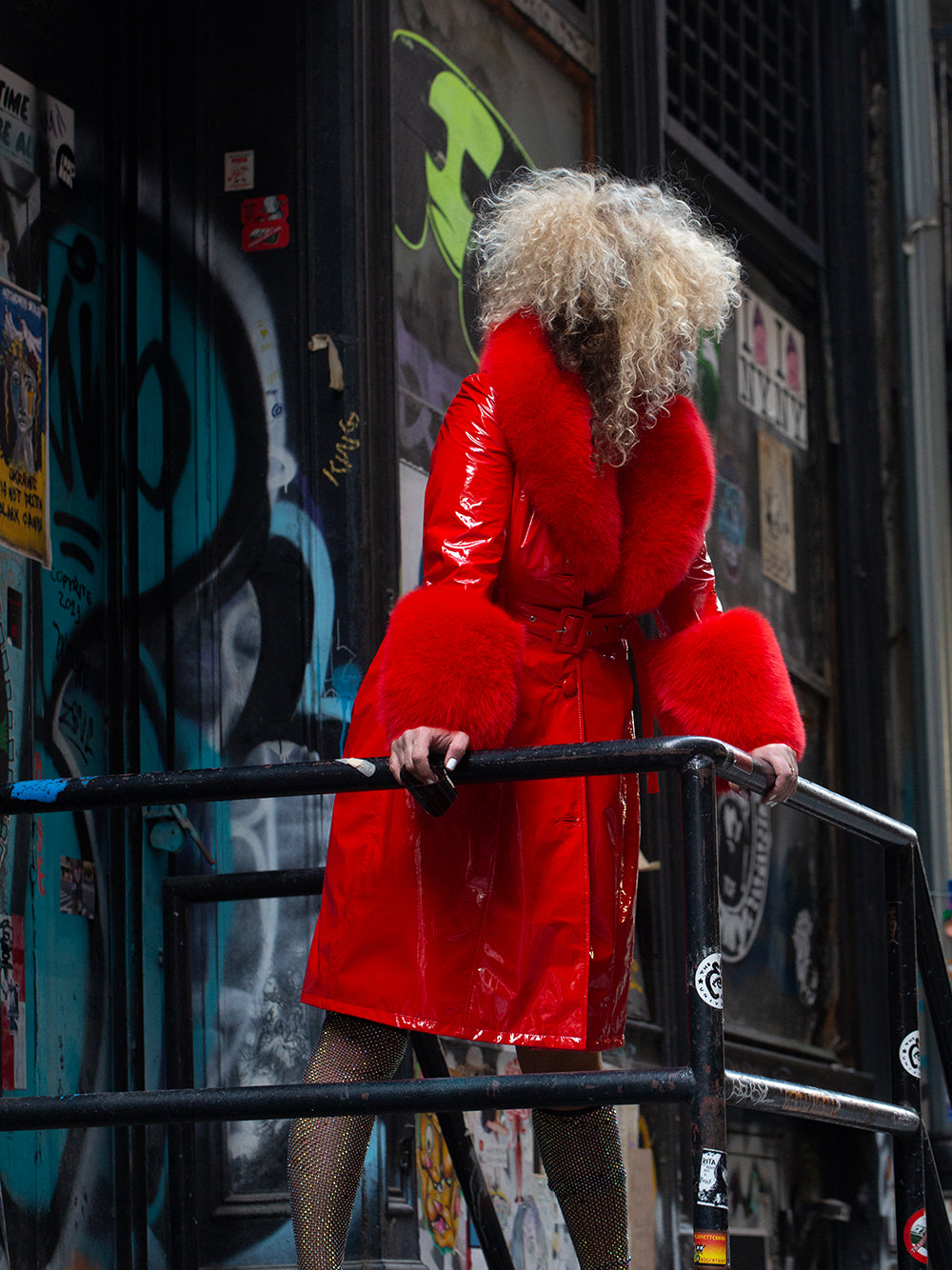 Red Fur Collar Patent Leather Belted Button Front Long Coat 16