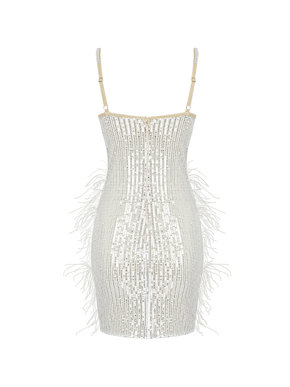 White Spaghetti Strap V-Neck Rhinestone Feather Trim Bodycon Mini Dress 2
