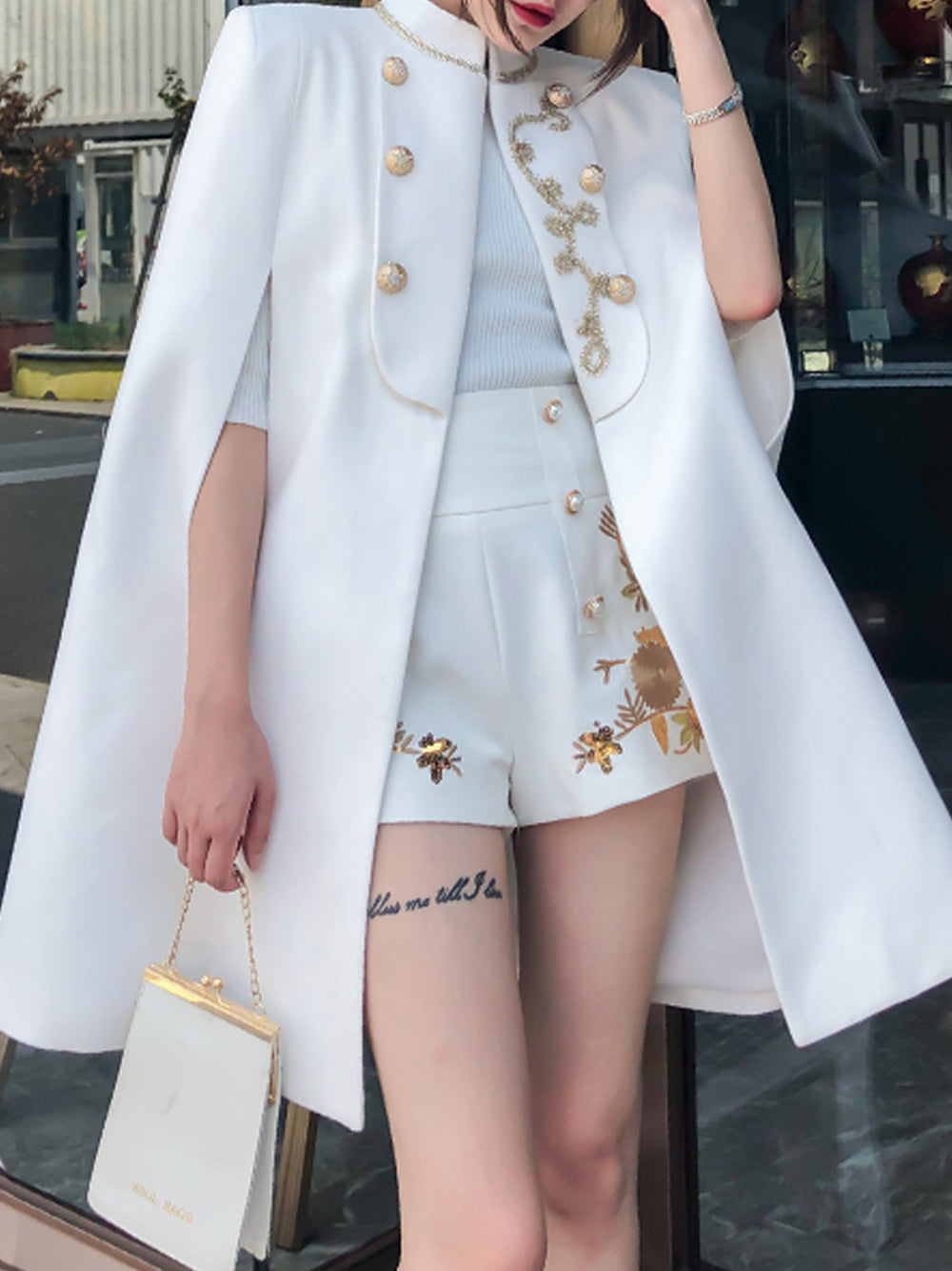 Stand Collar Gold Embroidered Button Military Cape