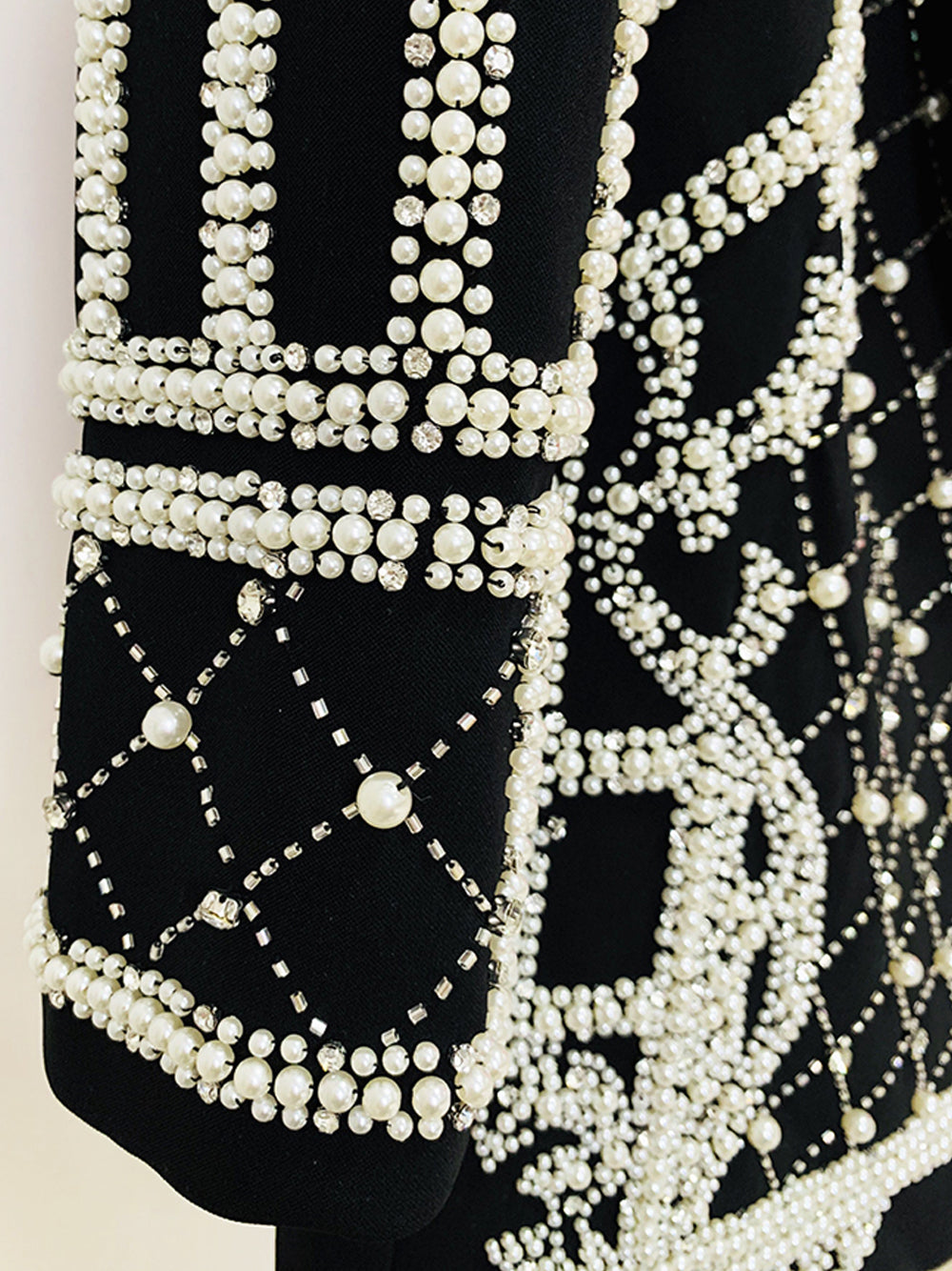 Black Shawl Lapel Pearl Beaded Rhinestone Long Sleeve Blazer Mini Dress