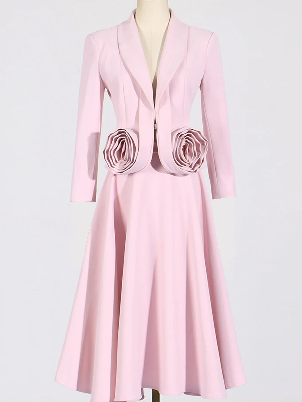 Pink Shawl Lapel Rosette Cropped Blazer Midi Skirt Set