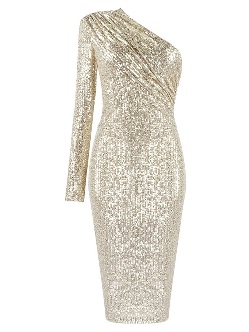 Gold One-Shoulder Sequin One Sleeve Bodycon Midi Dress