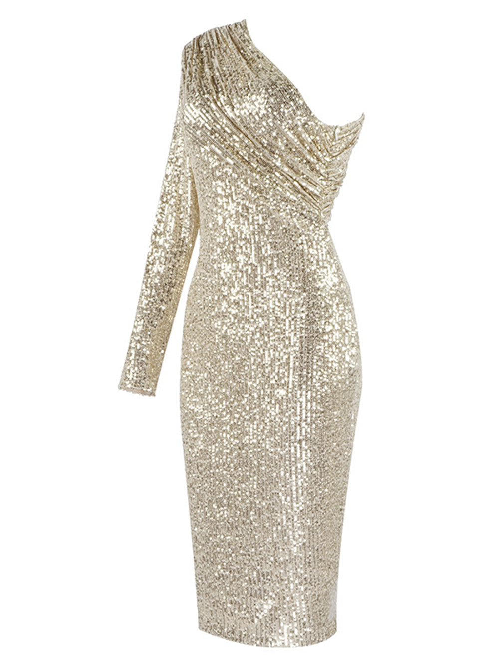 Gold One-Shoulder Sequin One Sleeve Bodycon Midi Dress