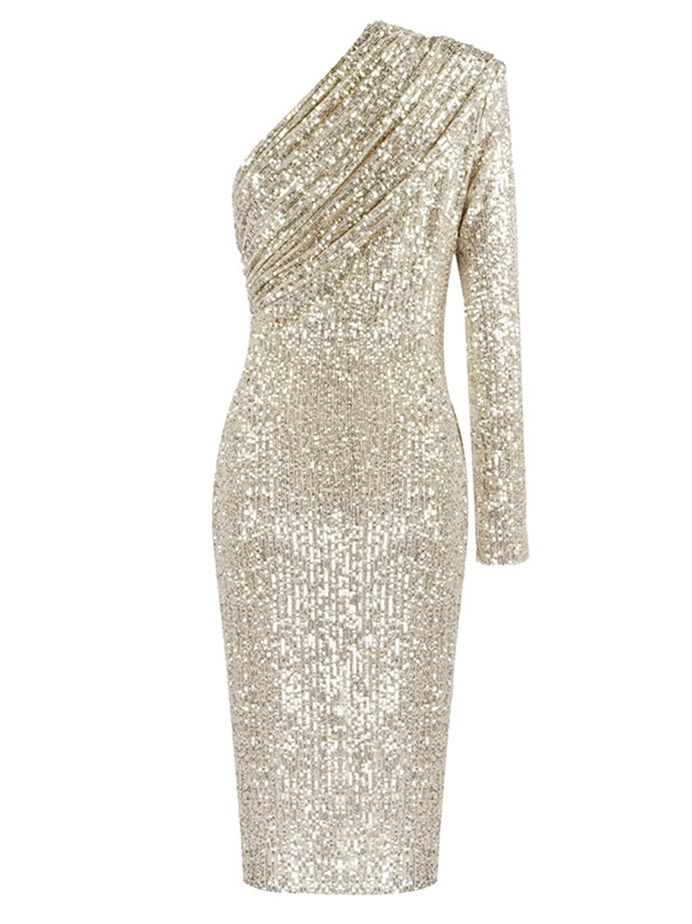 Gold One-Shoulder Sequin One Sleeve Bodycon Midi Dress