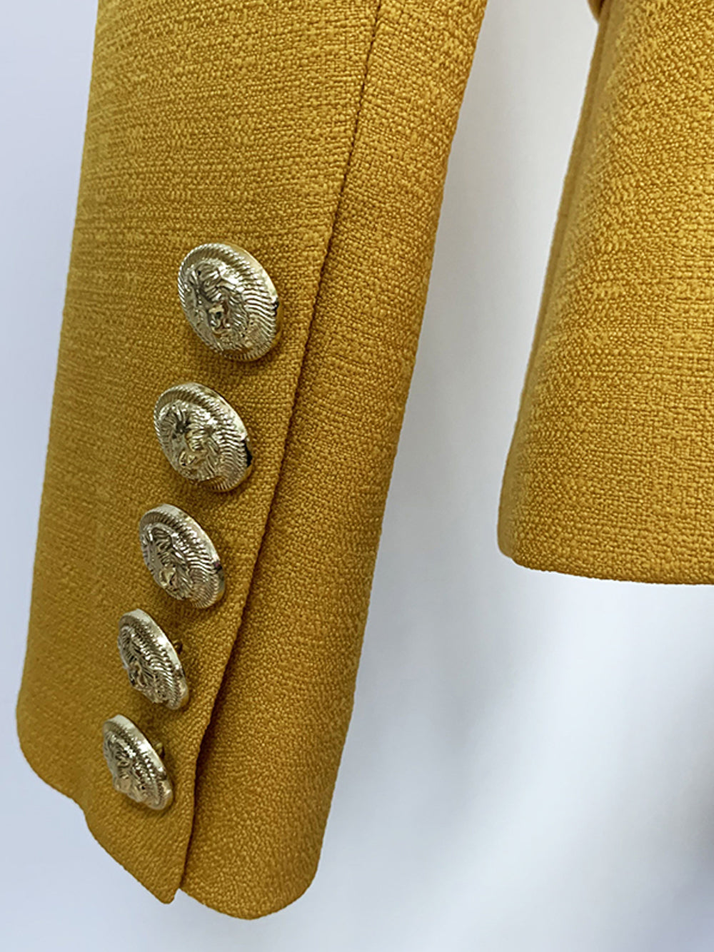 Mustard Peak Lapel Gold Button Double-Breasted Fitted Blazer 7