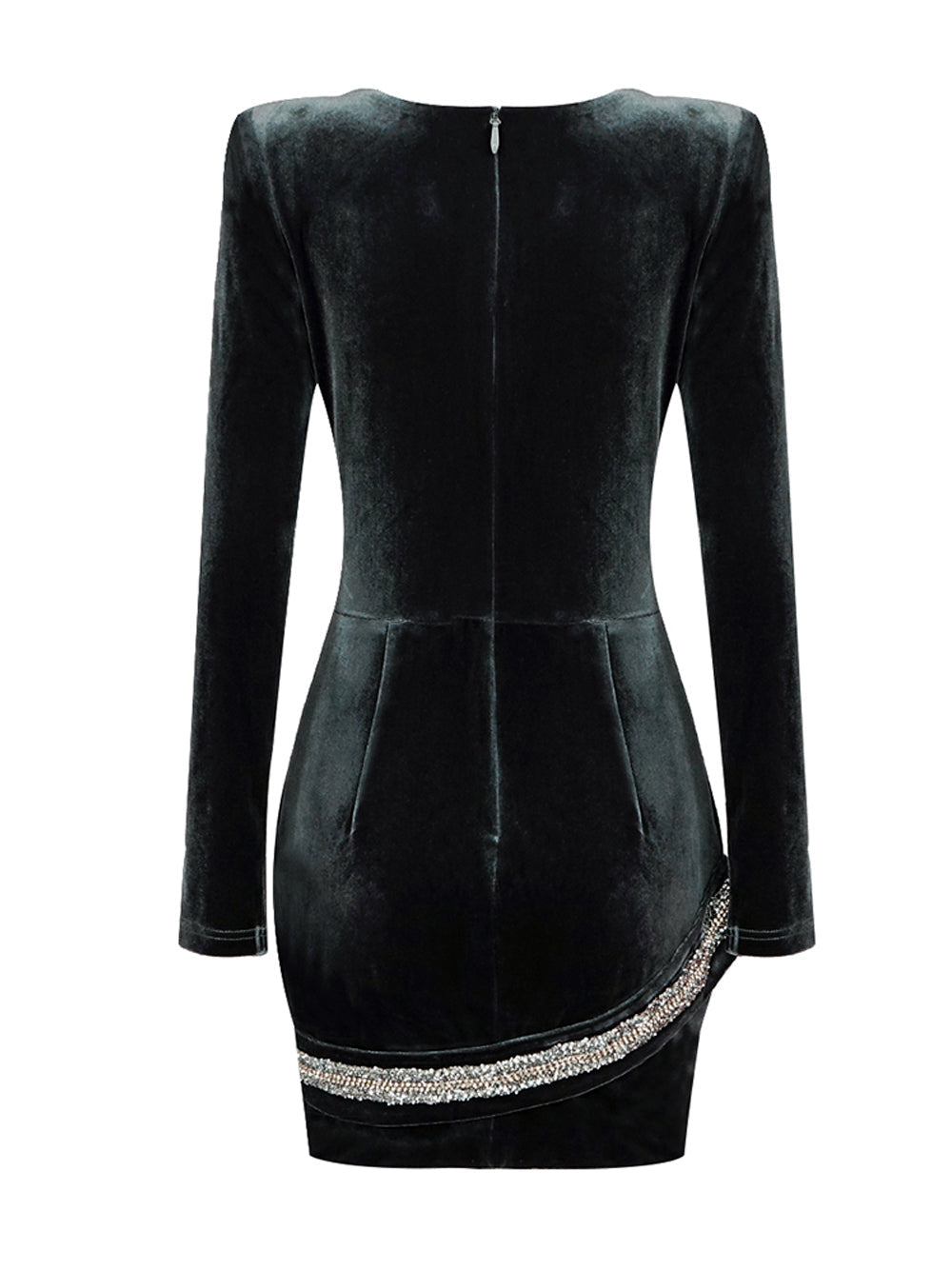 Black Deep V-Neck Rhinestone Swirl Velvet Long Sleeve Bodycon Mini Dress 17