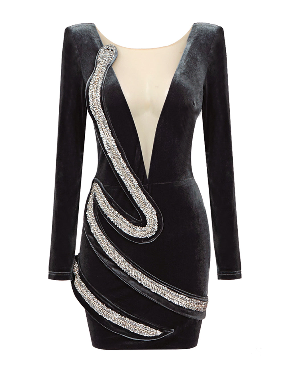 Black Deep V-Neck Rhinestone Swirl Velvet Long Sleeve Bodycon Mini Dress 16