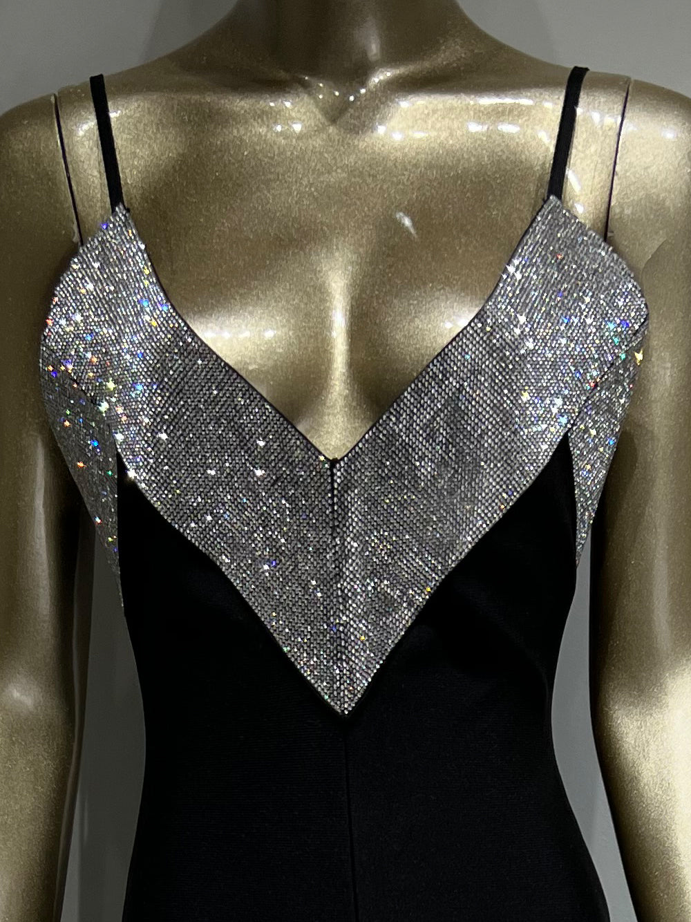 Black Rhinestone V-Neck Spaghetti Strap Mermaid Maxi Gown