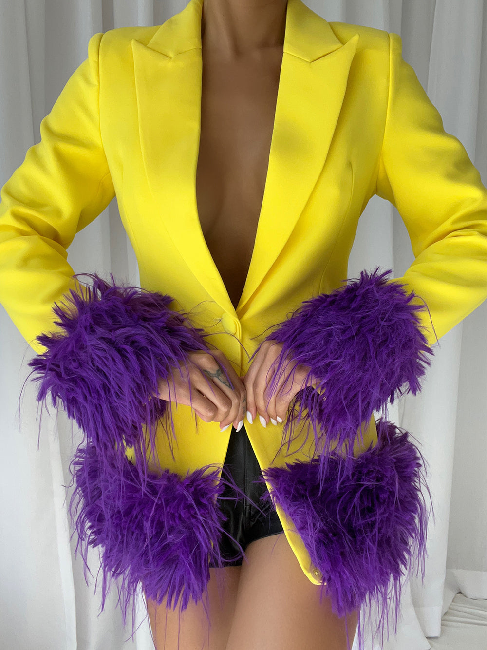 Yellow Peak Lapel Feather Trim Cuff Single Button Blazer