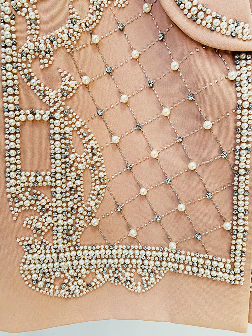 Nude Shawl Lapel Pearl Rhinestone Embellished Blazer Mini Dress 15